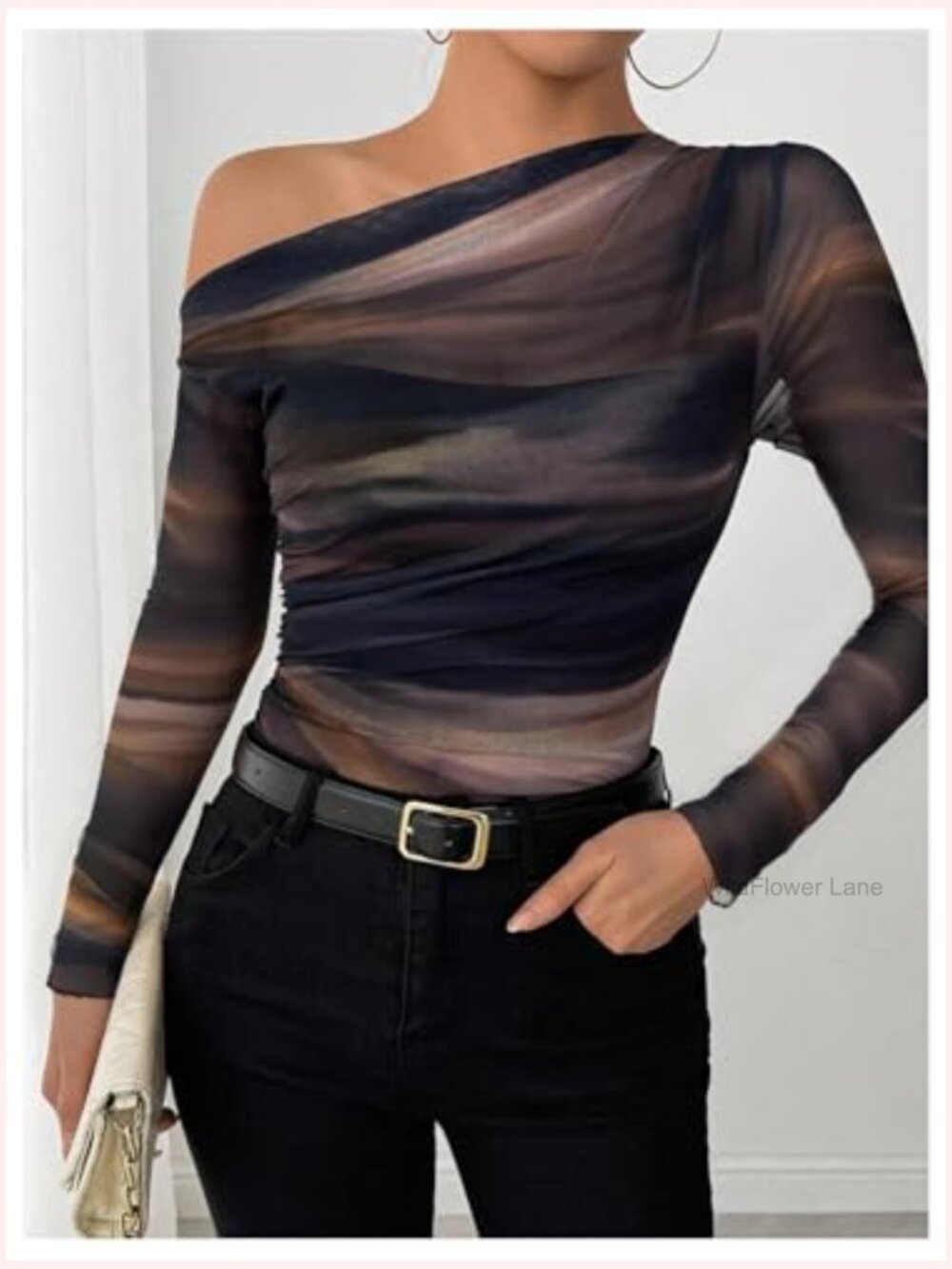 Asymmetric Off The Shoulder Long Sleeve Mesh Top - Picture 3 of 5